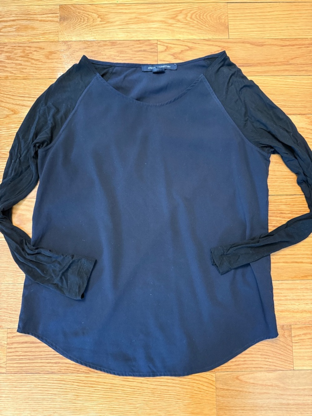 French Connection Navy Body with Black Raglan Long-Sleeve Top size small iconic